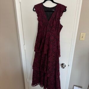 Lulu's Wine Lace Tiered V-Neck Maxi Dress